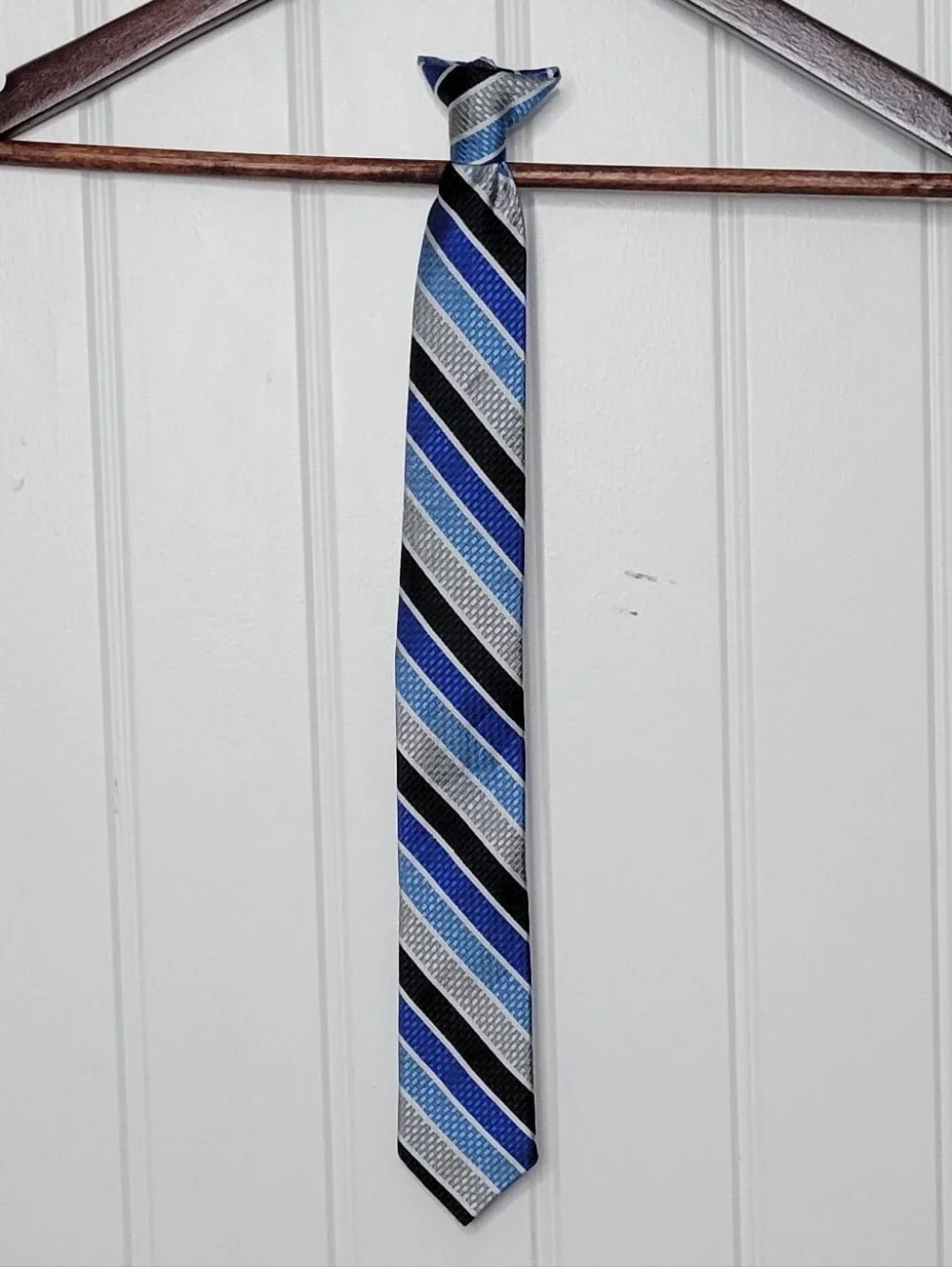 Blue and Gray Striped Clip On Tie  Classic Formal Accessory